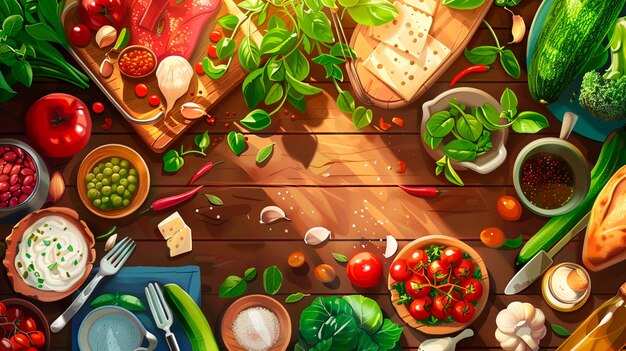 Assorted fresh ingredients on a wooden table